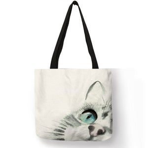 Cute Watercolor Painted Cat Tote - Blue Eyed Cat - JBCoolCats