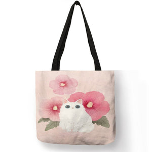 Cute Watercolor Painted Cat Tote - Cat with Flowers - JBCoolCats