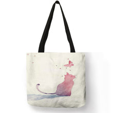 Load image into Gallery viewer, Cute Watercolor Painted Cat Tote - Pink Cat + Butterfly - JBCoolCats