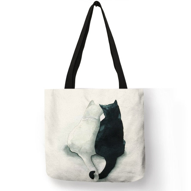 Cute Watercolor Painted Cat Tote - Black & White- JBCoolCats