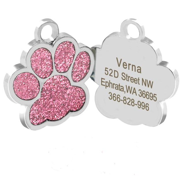 Engraved Pet Collar ID Tags - Bling Pink Paw - JBCoolCats