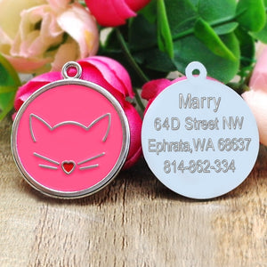 Engraved Pet Collar ID Tags - Pink Cat Face - JBCoolCats
