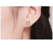Load image into Gallery viewer, Silver Kitty Heart Earrings - View Wearing- JBCoolCats
