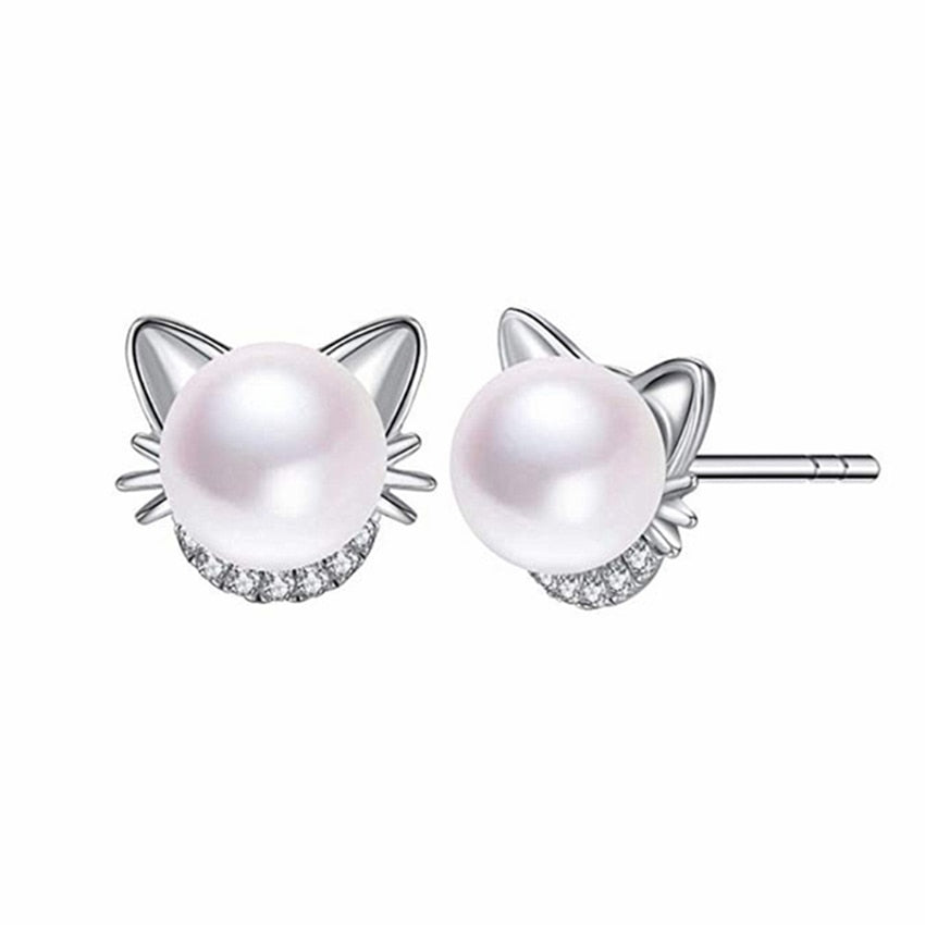Cute Kitty Simulated Pearl Stud Earrings - Jewelry - JBCoolCats