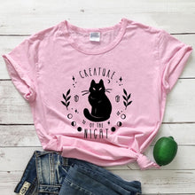 Load image into Gallery viewer, Creatures Of the Night Black Cat T-Shirt - pink-black text - JBCoolCats