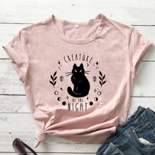Load image into Gallery viewer, Creatures Of the Night Black Cat T-Shirt - peach-black text - JBCoolCats
