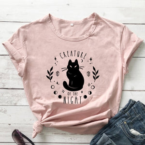 Creatures Of the Night Black Cat T-Shirt - peach-black text - JBCoolCats