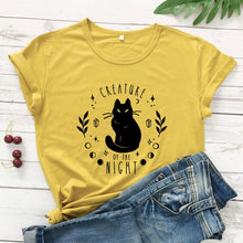 Load image into Gallery viewer, Creatures Of the Night Black Cat T-Shirt - mustard-black text - JBCoolCats