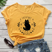 Load image into Gallery viewer, Creatures Of the Night Black Cat T-Shirt - yellow-black text - JBCoolCats