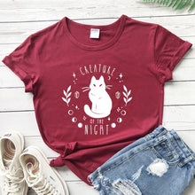 Load image into Gallery viewer, Creatures Of the Night Black Cat T-Shirt - burgundy -white text- JBCoolCats