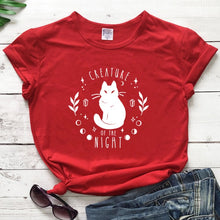Load image into Gallery viewer, Creatures Of the Night Black Cat T-Shirt - red -white text - JBCoolCats