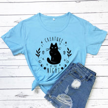 Load image into Gallery viewer, Creatures Of the Night Black Cat T-Shirt - sky blue-black text - JBCoolCats