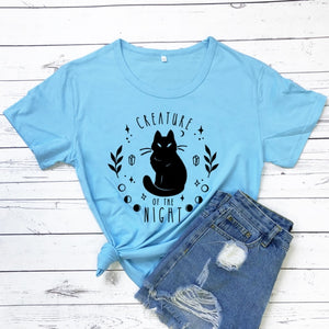 Creatures Of the Night Black Cat T-Shirt - sky blue-black text - JBCoolCats