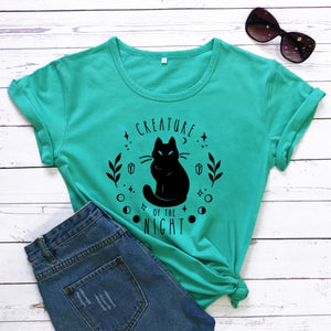 Creatures Of the Night Black Cat T-Shirt - turquoise-black text - JBCoolCats