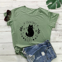 Load image into Gallery viewer, Creatures Of the Night Black Cat T-Shirt - olive -black text - JBCoolCats