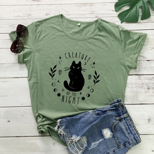Creatures Of the Night Black Cat T-Shirt - olive -black text - JBCoolCats