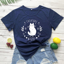 Load image into Gallery viewer, Creatures Of the Night Black Cat T-Shirt - navy blue-white text - JBCoolCats