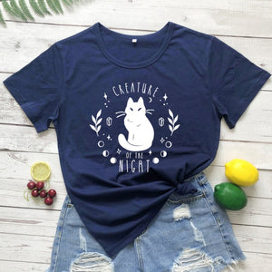 Creatures Of the Night Black Cat T-Shirt - navy blue-white text - JBCoolCats