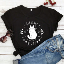 Load image into Gallery viewer, Creatures Of the Night Black Cat T-Shirt - black-white text- JBCoolCats