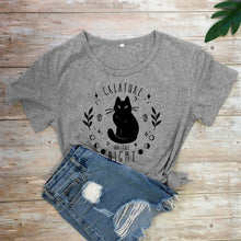 Load image into Gallery viewer, Creatures Of the Night Black Cat T-Shirt - dark gray-black text - JBCoolCats