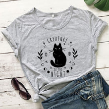 Load image into Gallery viewer, Creatures Of the Night Black Cat T-Shirt - gray-black text - JBCoolCats
