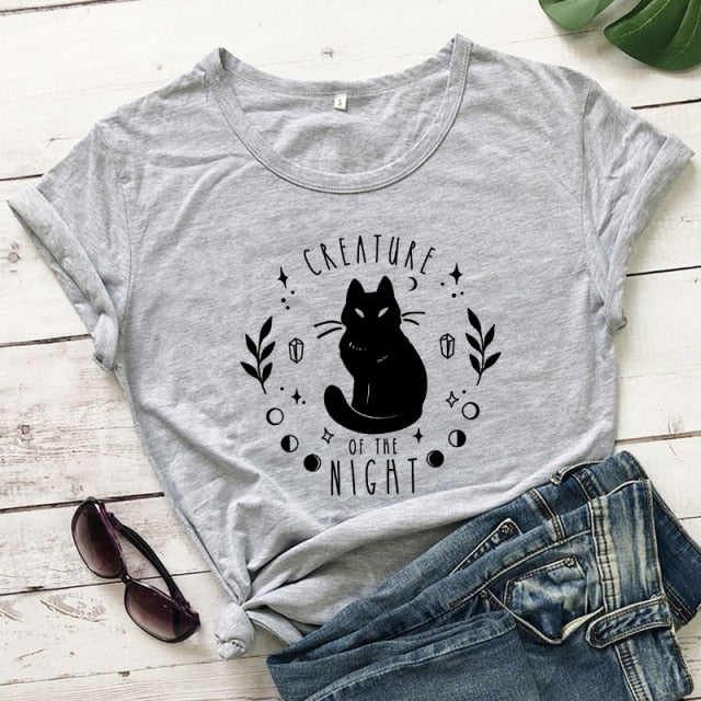 Creatures Of the Night Black Cat T-Shirt - gray-black text - JBCoolCats