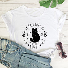 Load image into Gallery viewer, Creatures Of the Night Black Cat T-Shirt - white-black text- JBCoolCats