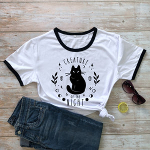 Creatures Of the Night Black Cat T-Shirt - black edge-black txt - JBCoolCats