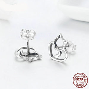 Silver Kitty Heart Earrings - 925 Silver - JBCoolCats