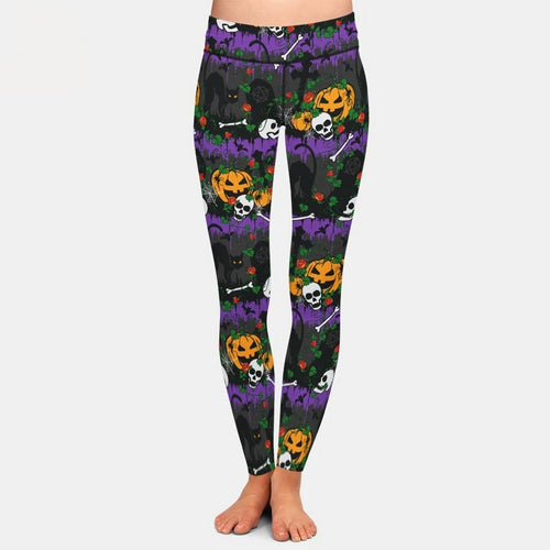 Graveyard Pumpkins & Cat Print Leggings - Halloween - JBCoolCats
