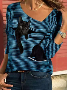 Peeking Cat 3D Asymmetrical T-Shirt - Blue - JBCoolCats