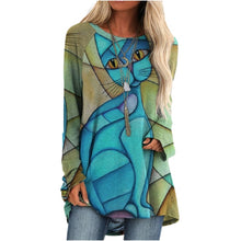 Load image into Gallery viewer, Cartoon Cats Long Sleeve Tops - Stained Glass Blue Cat - JBCoolCats