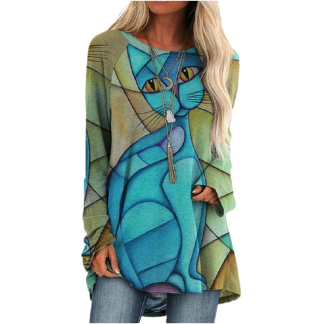Cartoon Cats Long Sleeve Tops - Stained Glass Blue Cat - JBCoolCats