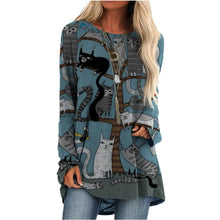 Load image into Gallery viewer, Cartoon Cats Long Sleeve Tops - Cats In A Tree - Blue - JBCoolCats