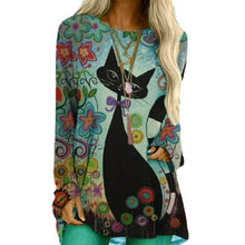 Load image into Gallery viewer, Cartoon Cats Long Sleeve Tops - Flowers &amp; Black Cat - JBCoolCats