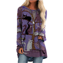 Load image into Gallery viewer, Cartoon Cats Long Sleeve Tops - Cats In A Tree - Purple - JBCoolCats