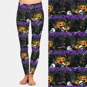 Graveyard Pumpkins & Cat Print Leggings - Colorful - JBCoolCats