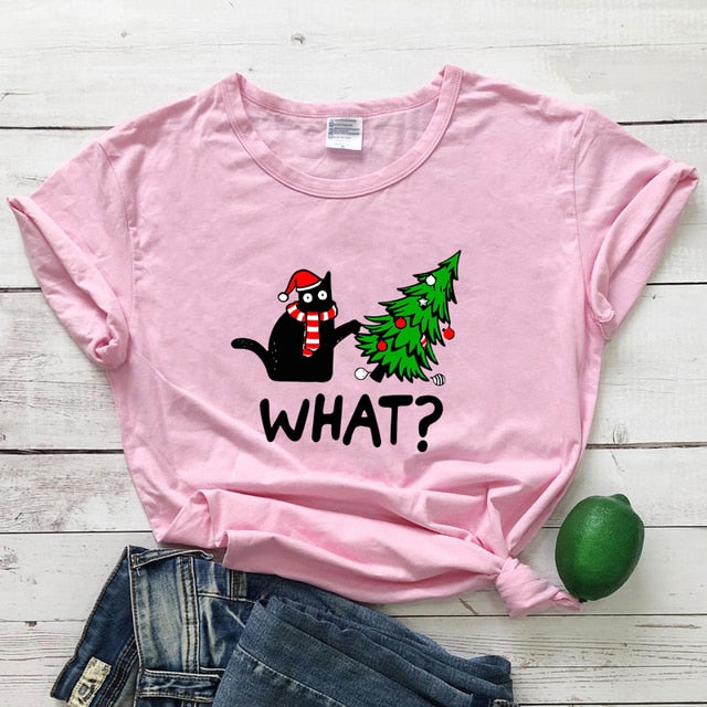 Oh No! Cat & Christmas Tree Shirt - Pink - JBCoolCats