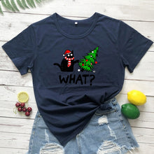 Load image into Gallery viewer, Oh No! Cat &amp; Christmas Tree Shirt - Navy Blue - JBCoolCats