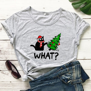 Oh No! Cat & Christmas Tree Shirt - Gray- JBCoolCats