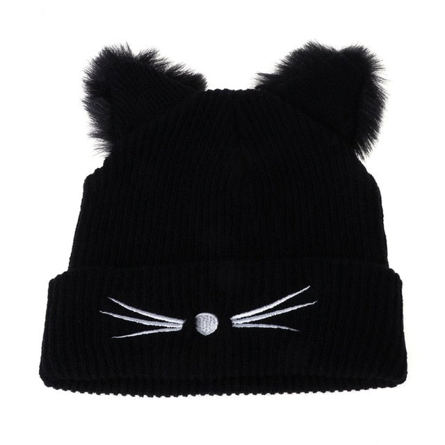 Cat Ears Knitted Beanie Hat - Black - JBCoolCats